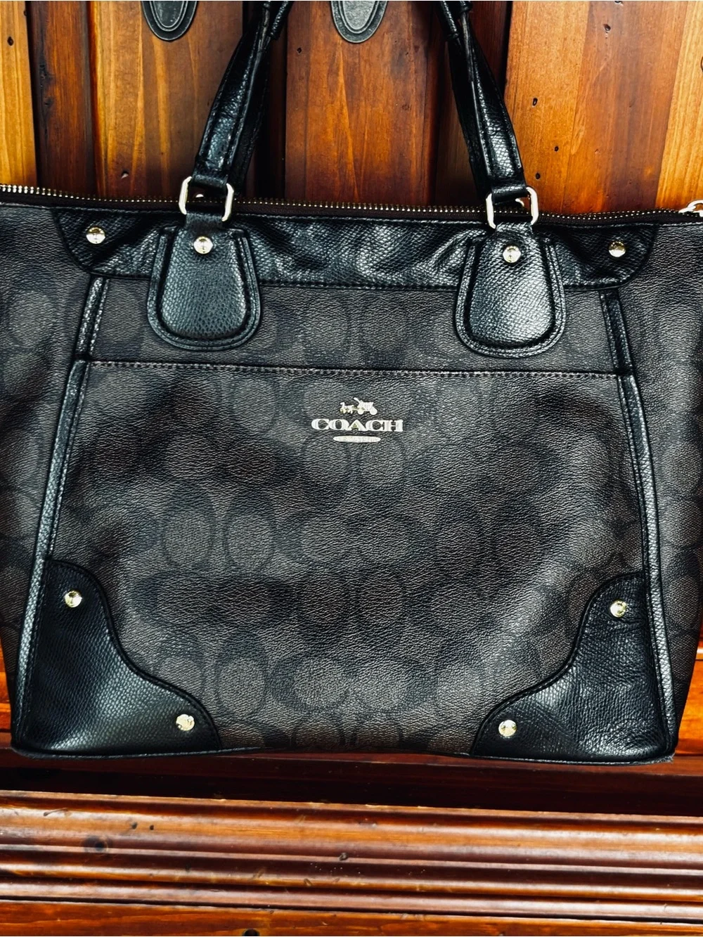 Coach Black Signature Shoulder Tote with Logo Charm